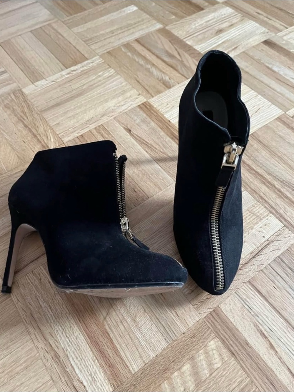 Zara Black Suede Front-Zip Ankle Booties